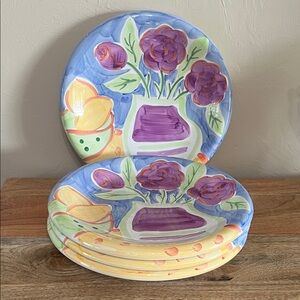 (4) Vintage Floral Ceramic Bella 10” Plates with Purple and Yellow Design